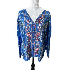 Johnny Was Floral Striped Garden Blouse Shirt Long Sleeve Blue Womens Medium NWT